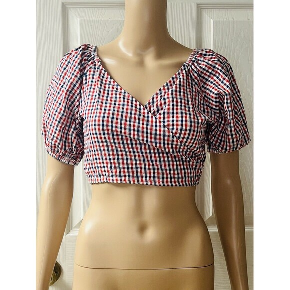 SIM & SAM Puff Sleeve Gingham Crop Top S Smock back Cowgirl Cottagecore Patriot - Picture 1 of 9